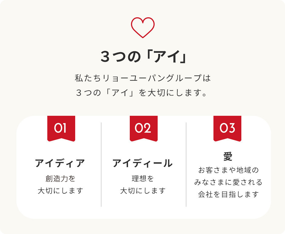 ３つの「アイ」私たちリョーユーパングループは３つの「アイ」を大切にします。1、アイディア、想像力を大切にします。2、アイディール、理想を大切にします。3、愛、お客さまや地域のみなさまに愛される会社を目指します。
