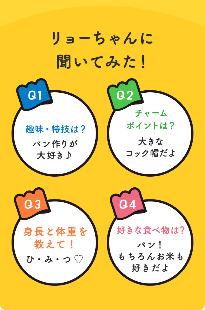 リョーちゃんに聞いてみた！趣味・特技は？パン作りが大好き♪チャームポイントは？大きなコック帽だよ。身長と体重を教えて！ひ・み・つ ♡好きな食べ物は？パン！もちろんお米も好きだよ